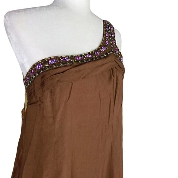 One Shoulder Tan Jeweled Handmade Beaded Dress  - Picture 3 of 7
